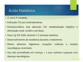 • E. coli e P. mirabilis;
• Indicação: ITU por enterobactérias;
• Farmacocinética: boa absorção VO, metabolização hepática e
eliminação renal, na bile e nas fezes;
• Dose: 1g VO, 6/6h, durante 1-2 semanas (adultos);
• Desenvolvimento de resistência durante o tratamento;
• Efeitos adversos: digestivos, erupções cutâneas e reações
neurológicas reversíveis;
• Uso não aconselhado em crianças < 1 ano, nutrizes e pessoas com
doenças neurológicas.
Ácido Nalidíxico
Walter Tavares, 2006.
 