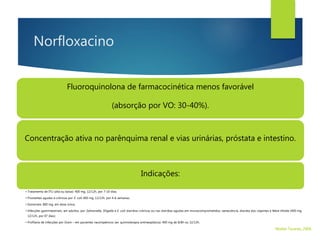 Norfloxacino
Fluoroquinolona de farmacocinética menos favorável
(absorção por VO: 30-40%).
Concentração ativa no parênquima renal e vias urinárias, próstata e intestino.
Indicações:
• Tratamento de ITU (alta ou baixa): 400 mg, 12/12h, por 7-10 dias;
• Prostatites agudas e crônicas por E. coli: 400 mg, 12/12h, por 4-6 semanas;
• Gonorreia: 800 mg, em dose única;
• Infecções gastrintestinais, em adultos, por Salmonella, Shigella e E. coli: diarréias crônicas ou nas diarréias agudas em imunocomprometidos, senescência, diarreia dos viajantes e febre tifoide (400 mg,
12/12h, por 07 dias);
• Profilaxia de infecções por Gram – em pacientes neutropênicos (ex: quimioterapia antineoplásica): 400 mg de 8/8h ou 12/12h.
Walter Tavares, 2006.
 