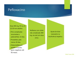 Pefloxacino
Dose 400 mg, VO ou IV,
12/12h em adultos:
• ITUs complicadas
recorrentes e
pielonefrites: 14 dias.
• Prostatites: pelo
menos 30 dias.
• Osteomielites por
estafilo e bacilos
gram-negativos: até
06 meses.
Mulheres com cistite
não complicada: 800
mg, via oral, em dose
única.
Ajuste de dose
necessário na
insuficiência hepática.
Walter Tavares, 2006.
 