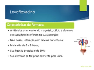 Levofloxacino
Características do Fármaco:
• Antiácidos orais contendo magnésio, cálcio e alumínio
e o sucralfato interferem na sua absorção;
• Não possui interação com cafeína ou teofilina;
• Meia vida de 6 a 8 horas;
• Sua ligação proteica é de 30%;
• Sua excreção se faz principalmente pela urina.
Walter Tavares, 2006.
 