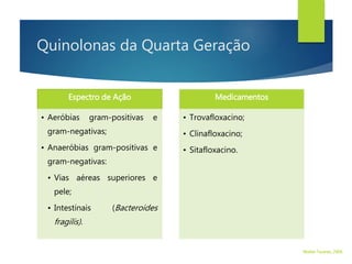 Quinolonas da Quarta Geração
Espectro de Ação
• Aeróbias gram-positivas e
gram-negativas;
• Anaeróbias gram-positivas e
gram-negativas:
• Vias aéreas superiores e
pele;
• Intestinais (Bacteroides
fragilis).
Medicamentos
• Trovafloxacino;
• Clinafloxacino;
• Sitafloxacino.
Walter Tavares, 2006.
 