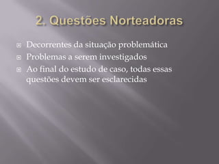 2. Questões Norteadoras Decorrentes da situação problemáticaProblemas a serem investigadosAo final do estudo de caso, todas essas questões devem ser esclarecidas 