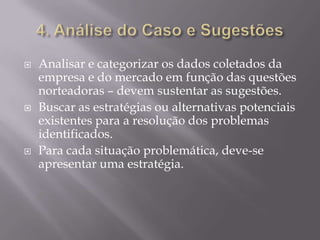 4. Análise do Caso e SugestõesAnalisar e categorizar os dados coletados da empresa e do mercado em função das questões norteadoras – devem sustentar as sugestões.Buscar as estratégias ou alternativas potenciais existentes para a resolução dos problemas identificados.Para cada situação problemática, deve-se apresentar uma estratégia.