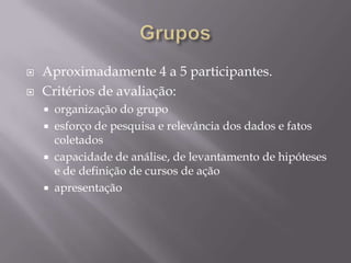 GruposAproximadamente 4 a 5 participantes.Critérios de avaliação:organização do grupoesforço de pesquisa e relevância dos dados e fatos coletadoscapacidade de análise, de levantamento de hipóteses e de definição de cursos de açãoapresentação