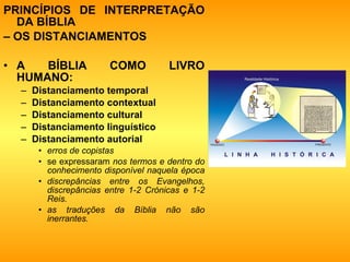 PRINCÍPIOS DE INTERPRETAÇÃO DA BÍBLIA  –  OS DISTANCIAMENTOS A BÍBLIA COMO LIVRO HUMANO:   Distanciamento temporal   Distanciamento contextual   Distanciamento cultural   Distanciamento linguístico   Distanciamento autorial   erros de copistas   se expressaram  nos termos e dentro do conhecimento disponível naquela época   discrepâncias entre os Evangelhos, discrepâncias entre 1-2 Crónicas e 1-2 Reis.  as traduções da Bíblia não são inerrantes.   