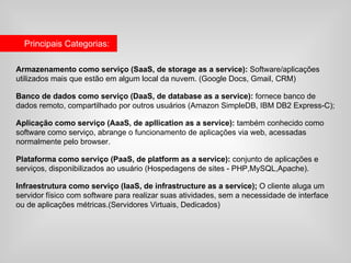Principais Categorias:

Armazenamento como serviço (SaaS, de storage as a service): Software/aplicações
utilizados mais que estão em algum local da nuvem. (Google Docs, Gmail, CRM)

Banco de dados como serviço (DaaS, de database as a service): fornece banco de
dados remoto, compartilhado por outros usuários (Amazon SimpleDB, IBM DB2 Express-C);

Aplicação como serviço (AaaS, de apllication as a service): também conhecido como
software como serviço, abrange o funcionamento de aplicações via web, acessadas
normalmente pelo browser.

Plataforma como serviço (PaaS, de platform as a service): conjunto de aplicações e
serviços, disponibilizados ao usuário (Hospedagens de sites - PHP,MySQL,Apache).

Infraestrutura como serviço (IaaS, de infrastructure as a service); O cliente aluga um
servidor físico com software para realizar suas atividades, sem a necessidade de interface
ou de aplicações métricas.(Servidores Virtuais, Dedicados)
 