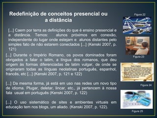 [...] Durante o Império Romano, os povos dominados foram obrigados a falar o latim, a língua dos romanos, que deu origem às formas diferenciadas de latim vulgar, de onde se originaram todas as línguas neolatinas português, espanhol, francês, etc [...] (Kenski 2007, p. 121 e 122) [...] Da mesma forma, já está em uso nas redes um novo tipo de idioma. Plugar, deletar, lincar, etc., já pertencem à nossa fala  usual em português (Kenski 2007, p. 122)  [...] O uso sistemático de sites e ambientes virtuais em educação tem nos blogs, um aliado. (Kenski 2007, p. 122). Figura 25 Figura 24 Figura 22 Figura 23 Redefinição de conceitos presencial ou a distância [...] Caem por terra as definições do que é ensino presencial e a distância. Temos:  alunos próximos em conexão, independente do lugar onde estejam e  alunos distantes pelo simples fato de não estarem conectados [...] (Kenski 2007, p. 121) 