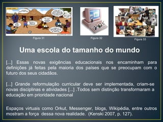 Espaços virtuais como Orkut, Messenger, blogs, Wikipédia, entre outros mostram a força  dessa nova realidade.  (Kenski 2007, p. 127). Figura 31 Figura 32 Figura 33 Uma escola do tamanho do mundo [...] Essas novas exigências educacionais nos encaminham para definições já feitas pela maioria dos países que se preocupam com o futuro dos seus cidadãos. [...] Grande reformulação curricular deve ser implementada, criam-se novas disciplinas e atividades [...] .Todos sem distinção transformaram a educação em prioridade nacional 