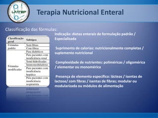 Terapia Nutricional Enteral
Classificação das fórmulas:
Indicação: dietas enterais de formulação padrão /
Especializada
Suprimento de calorias: nutricionalmente completas /
suplemento nutricional
Complexidade de nutrientes: poliméricas / oligomérica
/ elementar ou monomérica
Presença de elemento específico: lácteas / isentas de
lactose/ com fibras / isentas de fibras; modular ou
modularizada ou módulos de alimentação
 