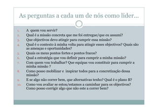 As perguntas a cada um de nós como líder...

1.    A quem vou servir?
2.    Qual é a missão concreta que me foi entregue/que eu assumi?
3.    Que objectivos devo atingir para cumprir essa missão?
4.    Qual é o contexto à minha volta para atingir esses objectivos? Quais são
      as ameaças e oportunidades?
5.    Quais os meus pontos fortes e pontos fracos?
6.    Qual a estratégia que vou definir para cumprir a minha missão?
7.    Com quem vou trabalhar? Que equipas vou constituir para cumprir a
      minha missão ?
8.    Como posso mobilizar e inspirar todos para a concretização dessa
      missão?
9.    E se algo não correr bem, que alternativas tenho? Qual é o plano B?
10.   Como vou avaliar se estou/estamos a caminhar para os objectivos?
      Como posso corrigir algo que não este a correr bem?
 
