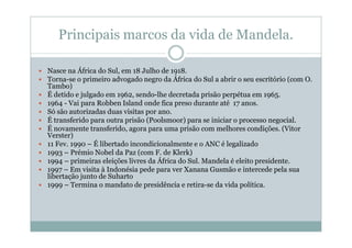 Principais marcos da vida de Mandela.

Nasce na África do Sul, em 18 Julho de 1918.
Torna-se o primeiro advogado negro da África do Sul a abrir o seu escritório (com O.
Tambo)
É detido e julgado em 1962, sendo-lhe decretada prisão perpétua em 1965.
1964 - Vai para Robben Island onde fica preso durante até 17 anos.
Só são autorizadas duas visitas por ano.
É transferido para outra prisão (Poolsmoor) para se iniciar o processo negocial.
É novamente transferido, agora para uma prisão com melhores condições. (Vitor
Verster)
11 Fev. 1990 – É libertado incondicionalmente e o ANC é legalizado
1993 – Prémio Nobel da Paz (com F. de Klerk)
1994 – primeiras eleições livres da África do Sul. Mandela é eleito presidente.
1997 – Em visita à Indonésia pede para ver Xanana Gusmão e intercede pela sua
libertação junto de Suharto
1999 – Termina o mandato de presidência e retira-se da vida política.
 
