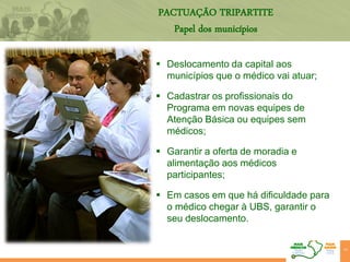 PACTUAÇÃO TRIPARTITE
Papel dos municípios
 Deslocamento da capital aos
municípios que o médico vai atuar;
 Cadastrar os profissionais do
Programa em novas equipes de
Atenção Básica ou equipes sem
médicos;
 Garantir a oferta de moradia e
alimentação aos médicos
participantes;
 Em casos em que há dificuldade para
o médico chegar à UBS, garantir o
seu deslocamento.
24
 