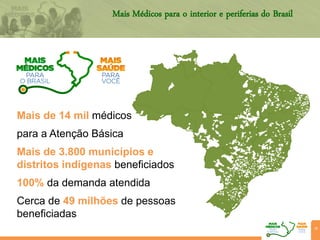 Mais Médicos para o interior e periferias do Brasil
Mais de 14 mil médicos
para a Atenção Básica
Mais de 3.800 municípios e
distritos indígenas beneficiados
100% da demanda atendida
Cerca de 49 milhões de pessoas
beneficiadas
28
 