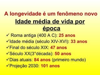 A longevidade é um fenômeno novo Idade média de vida por época Roma antiga (400 A C):  25 anos Idade média (século XIV-XVI):  33 anos Final do século XIX:  47 anos Século XX(3°década):  50 anos Dias atuais:  84 anos  (primeiro mundo) Projeção 2030:  101 anos 