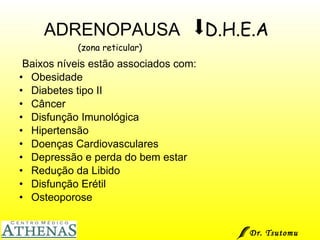 Baixos níveis estão associados com: Obesidade Diabetes tipo II Câncer Disfunção Imunológica  Hipertensão Doenças Cardiovasculares Depressão e perda do bem estar Redução da Libido Disfunção Erétil Osteoporose  ADRENOPAUSA  D.H.E.A    (zona reticular) Dr. Tsutomu Higashi  