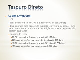  Custos Envolvidos:
 IOF;
 Taxa de custódia de 0,30% a.a. sobre o valor dos títulos;
 Taxa cobrada pelo agente de custódia (corretora ou banco), cujo
valor muda de acordo com a instituição escolhida (algumas não
cobram esta taxa);
 Imposto de renda:
 22,5% para aplicações com prazo de até 180 dias;
 20% para aplicações com prazo de 181 dias até 360 dias;
 17,5% para aplicações com prazo de 361 dias até 720 dias;
 15% para aplicações com prazo acima de 720 dias.
 