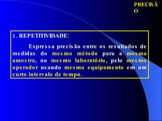 PRECISÃO 1. REPETITIVIDADE:  Expressa precisão entre os resultados de medidas do  mesmo método  para a  mesma amostra , no  mesmo laboratório , pelo  mesmo operador  usando  mesmo equipamento  em um  curto intervalo de tempo . 