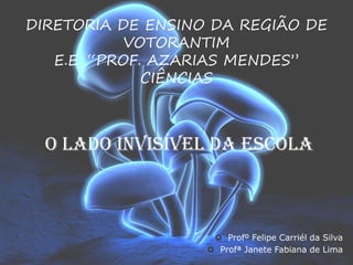 DIRETORIA DE ENSINO DA REGIÃO DE
VOTORANTIM
E.E. “PROF. AZARIAS MENDES”
CIÊNCIAS
 Profº Felipe Carriél da Silva
 Profª Janete Fabiana de Lima
O LADO INVISÍVEL DA ESCOLA
 