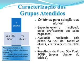 Caracterização dosGrupos AtendidosCritérios para seleção dos alunos: