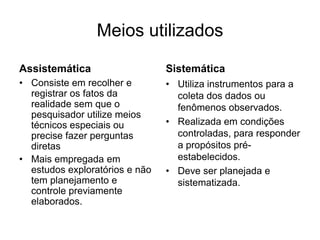 Limitações da observaçãoO observado tende a criar impressões favoráveis ou desfavoráveis no obsevador.