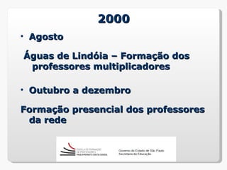 2000
• Agosto

Águas de Lindóia – Formação dos
 professores multiplicadores

• Outubro a dezembro

Formação presencial dos professores
 da rede
 