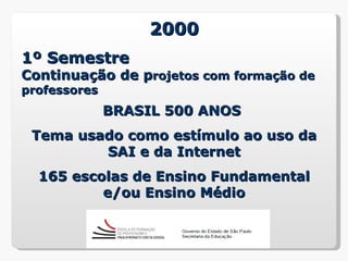 2000
1º Semestre
Continuação de projetos com formação de
professores
              BRASIL 500 ANOS
 Tema usado como estímulo ao uso da
         SAI e da Internet
  165 escolas de Ensino Fundamental
          e/ou Ensino Médio
 