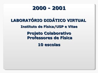 2000 - 2001

LABORATÓRIO DIDÁTICO VIRTUAL
   Instituto de Física/USP e Vitae

      Projeto Colaborativo
      Professores de Física
            10 escolas
 