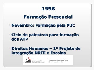 1998
         Formação Presencial
   Novembro: Formação pela PUC

   Ciclo de palestras para formação
    dos ATP

   Direitos Humanos – 1º Projeto de
    integração NRTE e Escolas
 