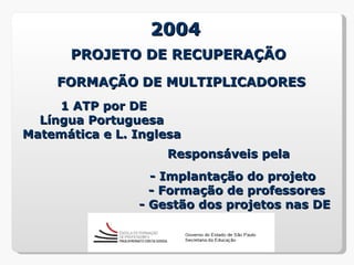 2004
      PROJETO DE RECUPERAÇÃO
    FORMAÇÃO DE MULTIPLICADORES
     1 ATP por DE
  Língua Portuguesa
Matemática e L. Inglesa
                    Responsáveis pela
                  - Implantação do projeto
                  - Formação de professores
                - Gestão dos projetos nas DE
 