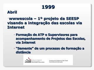 1999
Abril
wwwescola   – 1º projeto da SEESP
visando a integração das escolas via
Internet

   ◦ Formação de ATP e Supervisores para
     acompanhamento de Projetos das Escolas,
     via Internet
   ◦ “Semente” de um processo de formação a
     distância
 