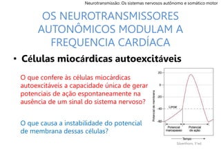 OS NEUROTRANSMISSORES
AUTONÔMICOS MODULAM A
FREQUENCIA CARDÍACA
• Células miocárdicas autoexcitáveis
O que causa a instabilidade do potencial
de membrana dessas células?
O que confere às células miocárdicas
autoexcitáveis a capacidade única de gerar
potenciais de ação espontaneamente na
ausência de um sinal do sistema nervoso?
Neurotransmissão: Os sistemas nervosos autônomo e somático motor
Silverthorn, 5°ed.
 