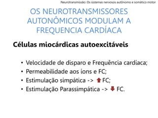 Células miocárdicas autoexcitáveis
• Velocidade de disparo e Frequência cardíaca;
• Permeabilidade aos íons e FC;
• Estimulação simpática -> FC;
• Estimulação Parassimpática -> FC.
OS NEUROTRANSMISSORES
AUTONÔMICOS MODULAM A
FREQUENCIA CARDÍACA
Neurotransmissão: Os sistemas nervosos autônomo e somático motor
 