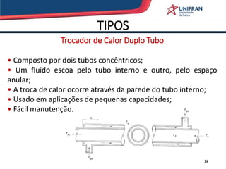 TIPOS
16
Trocador de Calor Duplo Tubo
• Composto por dois tubos concêntricos;
• Um fluido escoa pelo tubo interno e outro, pelo espaço
anular;
• A troca de calor ocorre através da parede do tubo interno;
• Usado em aplicações de pequenas capacidades;
• Fácil manutenção.
 