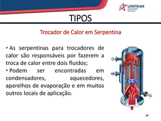 TIPOS
18
• As serpentinas para trocadores de
calor são responsáveis por fazerem a
troca de calor entre dois fluidos;
• Podem ser encontradas em
condensadores, aquecedores,
aparelhos de evaporação e em muitos
outros locais de aplicação.
Trocador de Calor em Serpentina
 