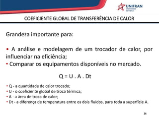 COEFICIENTE GLOBAL DE TRANSFERÊNCIA DE CALOR
26
Grandeza importante para:
• A análise e modelagem de um trocador de calor, por
influenciar na eficiência;
• Comparar os equipamentos disponíveis no mercado.
Q = U . A . Dt
• Q - a quantidade de calor trocado;
• U - o coeficiente global de troca térmica;
• A - a área de troca de calor;
• Dt - a diferença de temperatura entre os dois fluidos, para toda a superfície A.
 