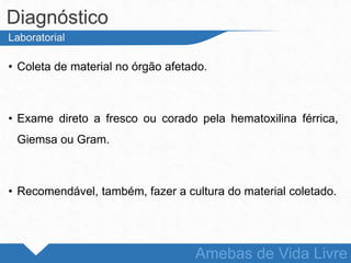 • Coleta de material no órgão afetado.
• Exame direto a fresco ou corado pela hematoxilina férrica,
Giemsa ou Gram.
• Recomendável, também, fazer a cultura do material coletado.
Diagnóstico
Amebas de Vida Livre
Laboratorial
 