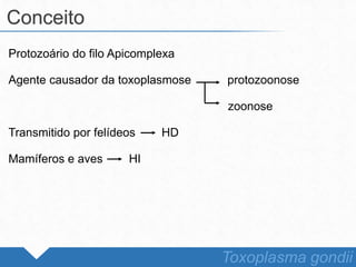 Protozoário do filo Apicomplexa
Agente causador da toxoplasmose protozoonose
zoonose
Transmitido por felídeos HD
Mamíferos e aves HI
Conceito
Toxoplasma gondii
 