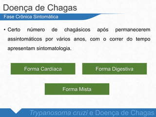 • Certo número de chagásicos após permanecerem
assintomáticos por vários anos, com o correr do tempo
apresentam sintomatologia.
Doença de Chagas
Trypanosoma cruzi e Doença de Chagas
Fase Crônica Sintomática
Forma Cardíaca Forma Digestiva
Forma Mista
 
