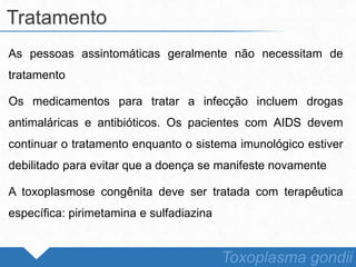 As pessoas assintomáticas geralmente não necessitam de
tratamento
Os medicamentos para tratar a infecção incluem drogas
antimaláricas e antibióticos. Os pacientes com AIDS devem
continuar o tratamento enquanto o sistema imunológico estiver
debilitado para evitar que a doença se manifeste novamente
A toxoplasmose congênita deve ser tratada com terapêutica
específica: pirimetamina e sulfadiazina
Tratamento
Toxoplasma gondii
 