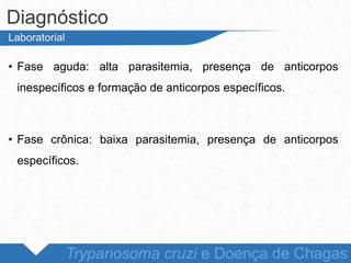 • Fase aguda: alta parasitemia, presença de anticorpos
inespecíficos e formação de anticorpos específicos.
• Fase crônica: baixa parasitemia, presença de anticorpos
específicos.
Diagnóstico
Trypanosoma cruzi e Doença de Chagas
Laboratorial
 