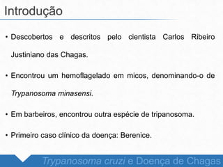 • Descobertos e descritos pelo cientista Carlos Ribeiro
Justiniano das Chagas.
• Encontrou um hemoflagelado em micos, denominando-o de
Trypanosoma minasensi.
• Em barbeiros, encontrou outra espécie de tripanosoma.
• Primeiro caso clínico da doença: Berenice.
Introdução
Trypanosoma cruzi e Doença de Chagas
 