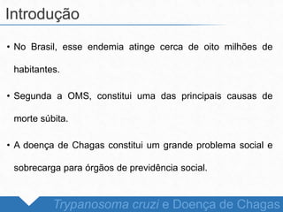 • No Brasil, esse endemia atinge cerca de oito milhões de
habitantes.
• Segunda a OMS, constitui uma das principais causas de
morte súbita.
• A doença de Chagas constitui um grande problema social e
sobrecarga para órgãos de previdência social.
Introdução
Trypanosoma cruzi e Doença de Chagas
 
