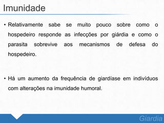 • Relativamente sabe se muito pouco sobre como o
hospedeiro responde as infecções por giárdia e como o
parasita sobrevive aos mecanismos de defesa do
hospedeiro.
• Há um aumento da frequência de giardíase em indivíduos
com alterações na imunidade humoral.
Imunidade
Giardia
 