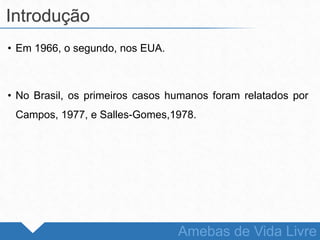 • Em 1966, o segundo, nos EUA.
• No Brasil, os primeiros casos humanos foram relatados por
Campos, 1977, e Salles-Gomes,1978.
Introdução
Amebas de Vida Livre
 