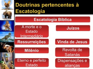Escatologia Bíblica
A morte e o
Estado
Intermediário
Juízos
Ressurreições Vinda de Jesus
Milênio Revolta de
Satanás
Eterno e perfeito
Estado
Dispensações e
alianças
 