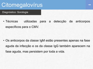 Diagnóstico: Sorologia
• Técnicas utilizadas para a detecção de anticorpos
específicos para o CMV.
• Os anticorpos da classe IgM estão presentes apenas na fase
aguda da infecção e os da classe IgG também aparecem na
fase aguda, mas persistem por toda a vida.
Citomegalovírus
 