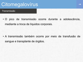Transmissão
• O pico de transmissão ocorre durante a adolescência,
mediante a troca de líquidos corporais.
• A transmissão também ocorre por meio de transfusão de
sangue e transplante de órgãos.
Citomegalovírus
 