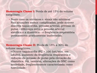 Hemorragia Classe I: Perda de até 15% do volume
sangüíneo.
• Neste caso os sintomas e sinais são mínimos.
Nas situações menos complicadas, pode ocorrer
discreta taquicardia, pressão arterial, pressão de
pulso - diferença entre a pressão arterial
sistólica e a diastólica - e freqüência respiratória
permanecem praticamente inalteradas.
Hemorragia Classe II: Perda de 15% a 30% do
volume sangüíneo.
• Ocorre taquicardia (FC > 100 bat/min. em
adulto), aumento da freqüência respiratória e
redução da pressão de pulso pela elevação da
diastólica. Há, também, alterações do SNC como
ansiedade, freqüentemente caracterizada como
hostilidade.
 