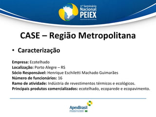 CASE – Região Metropolitana Caracterização Empresa:  Ecotelhado Localização:  Porto Alegre – RS Sócio Responsável:  Henrique Eschiletti Machado Guimarães  Número de funcionários:  16 Ramo de atividade:  Indústria de revestimentos térmicos e ecológicos. Principais produtos comercializados:  ecotelhado, ecoparede e ecopavimento. 
