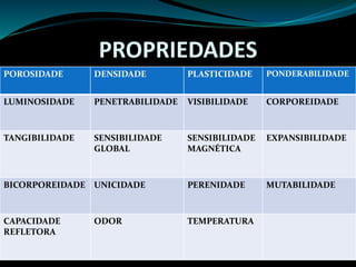 PROPRIEDADES
POROSIDADE DENSIDADE PLASTICIDADE PONDERABILIDADE
LUMINOSIDADE PENETRABILIDADE VISIBILIDADE CORPOREIDADE
TANGIBILIDADE SENSIBILIDADE
GLOBAL
SENSIBILIDADE
MAGNÉTICA
EXPANSIBILIDADE
BICORPOREIDADE UNICIDADE PERENIDADE MUTABILIDADE
CAPACIDADE
REFLETORA
ODOR TEMPERATURA
 
